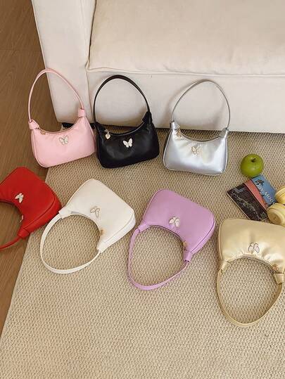 1pc Girl's Bow Decor PU Leather Casual Zipper Closure Tote Handbag, Fashionable Shoulder Bag