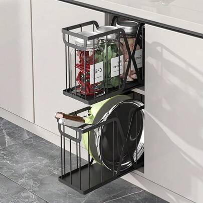 Pull Out Cabinet Organizer, Carbon Steel Pull Out Spice Rack For Cutting Board, Baking Sheet, Cookie Sheet, Bakeware & Trays, Home Drawer Organizer For Narrow Cabinet Space, Black