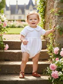 Newborn Baby Girls Summer Romper White Trim Short Sleeve Doll Collar Bubble Jumpsuit Cute Bodysuit - trắng - Xem 6