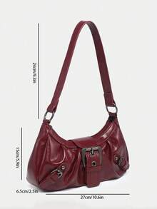 Y2K Vintage Soft Distressed Leather Motorcycle Bag With Rivet, Buckle, Pleated Cloud Decor, Shoulder/Underarm Bag, Suitable For Work, Commute, Date, Party - 酒紅色 - 查看 5