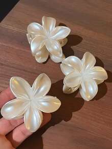 3个/2个/1个 6厘米/2.36英寸 珍珠白花朵塑料发夹，时尚百搭，简约优雅，纯色发爪，适合日常、休闲、派对、海滩、度假、发型设计、洗脸/洗头、化妆、服装配饰，秋季时尚发夹，冬季发饰，夏季发夹，女士发爪夹 - 彩色 - 查看 2