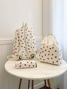 Bộ 3 balo du lịch in hình dâu tây dễ thương, dung tích lớn, phù hợp cho trường học, lễ tốt nghiệp và nhiều dịp khác. Balo dành cho tuổi teen mới, chất liệu nhung kẻ, in hình dâu tây, phù hợp cho học sinh tiểu học, trung học cơ sở và trung học phổ thông. - Màu be - Xem 8