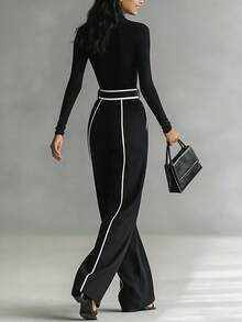 Women's Casual Business Black & White Contrast Pocket Loose Wide Leg Pants - Black - View 5