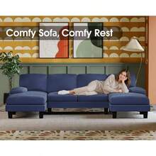 Sectional Couches For Living Room U-Shaped Sofa Couch With Linen Fabric 4 Seat Sofa Set With Double Chaise For Apartment Loop Yarn Navy Blue - Navy Blue - View 4