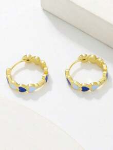 1pair Fashion Heart Shaped Clip-On Earrings, Suitable For Women/Girls Daily, Party, Wedding, Holiday Gift - 金色和藍色 - 查看 6