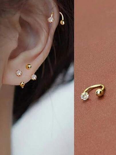 1只/3只/5只装不锈钢C形锆石耳钉，金色螺旋耳骨钉，适合日常、派对、酒吧装扮，情人节礼物