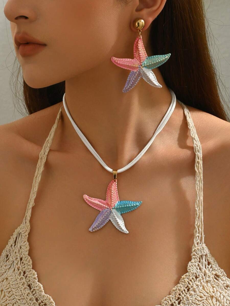 Bộ 3 món phong cách Bohemian lấy cảm hứng từ biển cả, thiết kế đa năng, hình sao biển nhiều màu sắc, dây chuyền và bông tai độc đáo, phù hợp cho nữ giới mặc hàng ngày và đi nghỉ mát. - màu sắc - Xem 1
