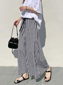 2025新款黑白格子高腰宽松抽绳阔腿裤，女款，春夏款 - 黑與白 - 查看 5