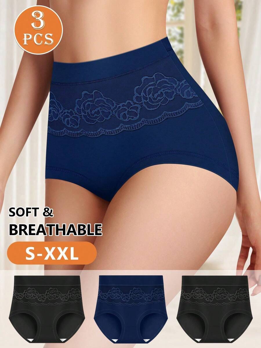 MEIYATING 3 piezas Bragas moldeadoras de cintura alta para mujer, con diseño de rosas en malla transpirable y cómoda