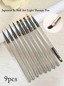 9pcs Japanese Gray Series Nail Art Pen Set, Includes: Nail Brush, Lining Pen, Double-Ended Pen, Structuring Pen, UV Gel Paint Pen, Gradient Pen, Suitable For Nail Salons And Home Use - Light Grey - View 1