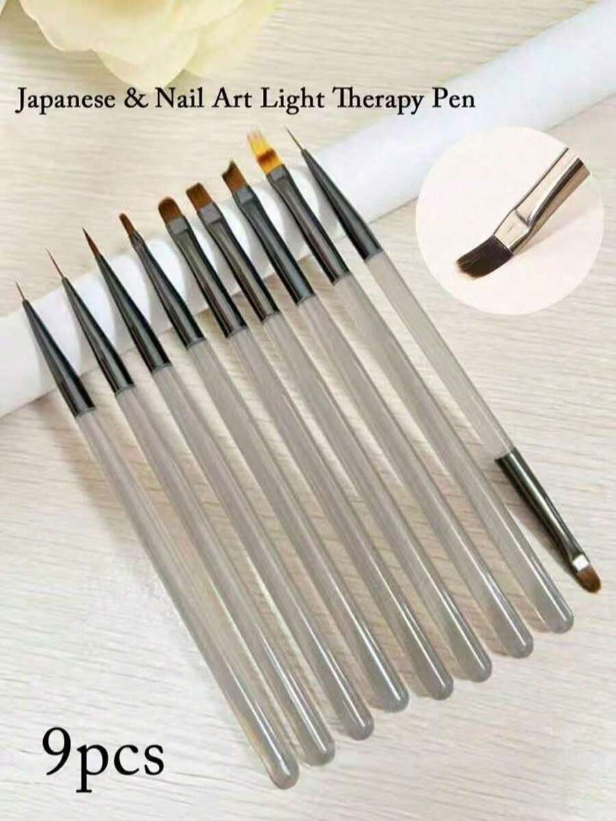 9pcs Japanese Gray Series Nail Art Pen Set, Includes: Nail Brush, Lining Pen, Double-Ended Pen, Structuring Pen, UV Gel Paint Pen, Gradient Pen, Suitable For Nail Salons And Home Use - Light Grey - View 1