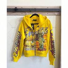 Hip Hop Y2K Streetwear American Vintage Alphabet Hooded Cardigan Printed Loose Sports Harajuku Sweater Jacket - 黃色 - 查看 5