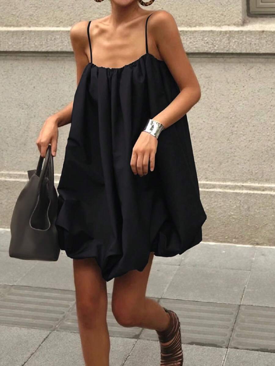Women's Casual French Style Spaghetti Strap Ruffle Mini Dress, Solid Color Elegant Woven Fabric Casual Beach Holiday Daily Date Dress, Spring/Summer - Black - View 1