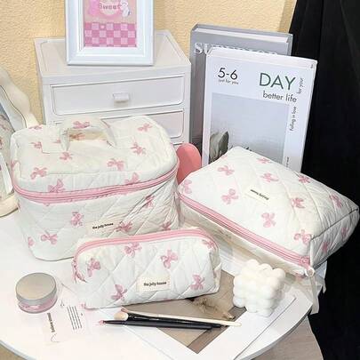 L/M/S Pink Bow Pattern Cosmetic Bag Set, Floral Makeup Bag, Elegant Toiletry Travel Organizer Bag, Women/Girls Printed Large Travel Vintage Quilted Cosmetic Bag, Women Skincare Products Storage Bag, Printed Floral Cosmetics Organizer Bag, Makeup Bag, Cosmetics Storage, Cosmetics Holder, Valentine''s Day