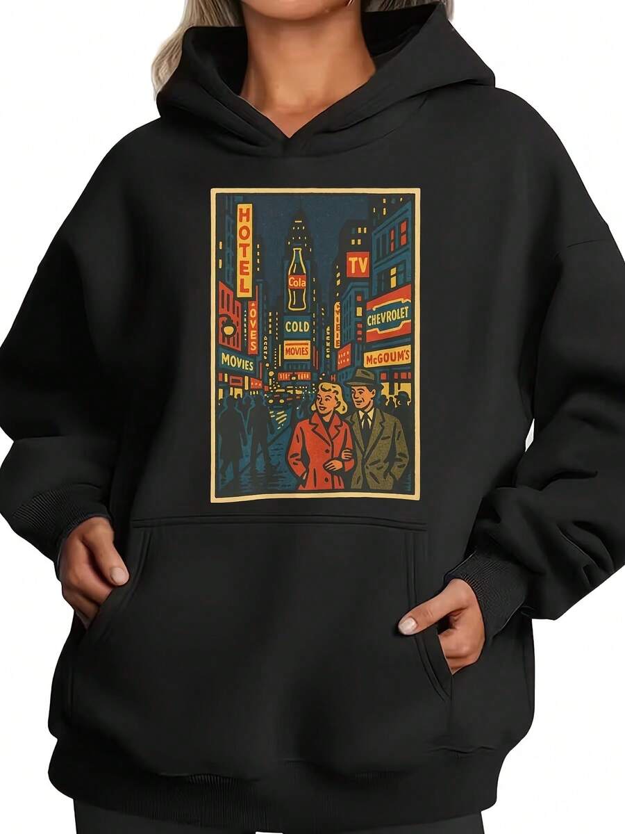 Women Hoodie Vintage Cityscape Art Print With Couple And Neon Signs Graphic Sweatshirt Top For Casual Wear Comfortable Fabric Suitable As A Gift - 黑色 - 查看 1