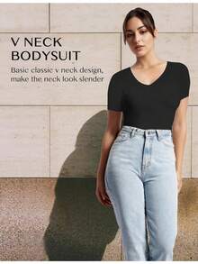 Women's Bodysuit, V-Neck Short Sleeve Slim Fit Tummy Control Basic Top - màu đen - Xem 3