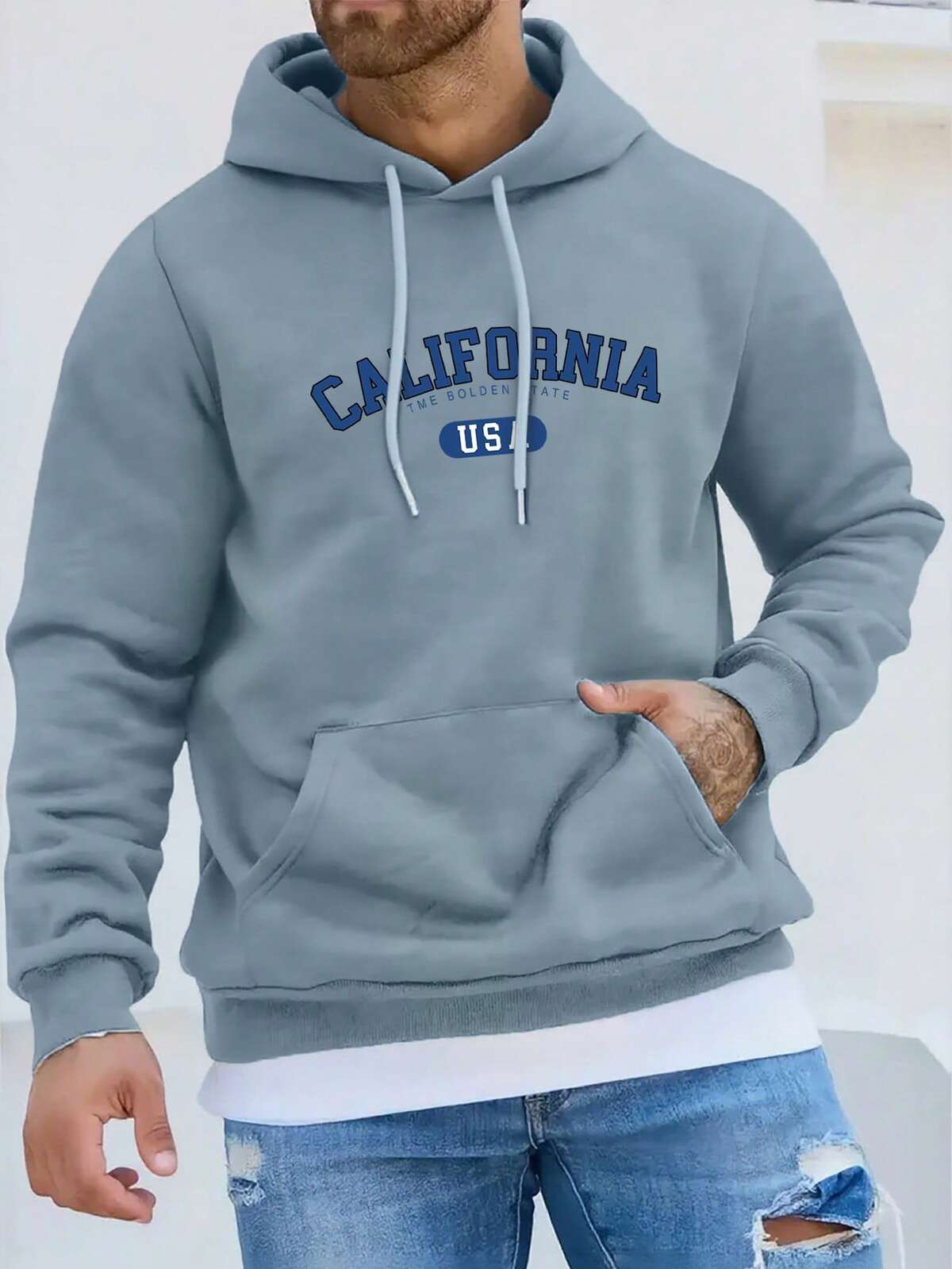 sweat-shirt à capuche décontracté polyvalent pour hommes avec poche kangourou et cordon de serrage, imprimé slogan CALIFORNIA, automne/hiver 4