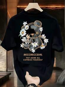 Men's Heavyweight 100  Pattern T-Shirt-Summer Casual Loose T-Shirt With Bear And Daisy Print BECCCGGIRL Back  Large Size Round Collar Sht Sve Casual Shirt Occasion Multifunctiona - Black - View 1