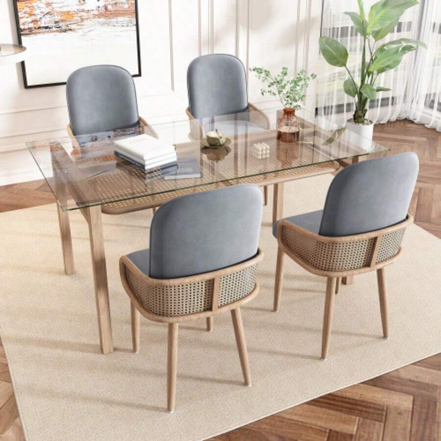 Velvet Dining Chair, Set Of 4, Rattan Design, Living Room, Bedroom, With Four Metal Legs (Wood Grain Effect), Grey - Gray - View 1
