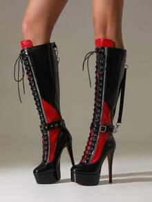女士朋克风厚底撞色圆头系带过膝长靴 - 黑色 - 查看 10
