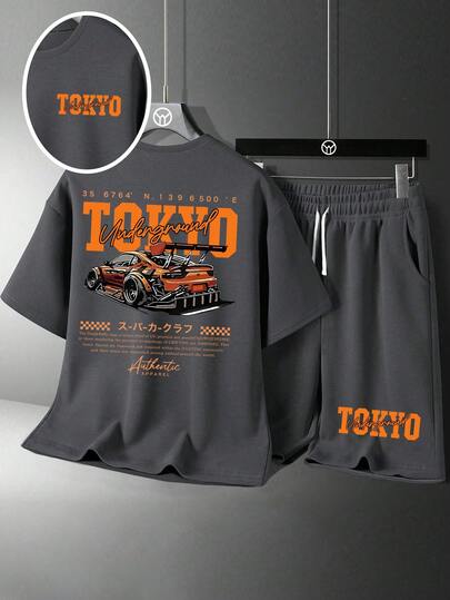 Youth Boy Cartoon Graphic Print Round Neck Short Sleeve T-Shirt And Shorts Set