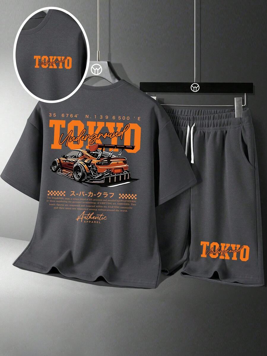 Set Kaos Lengan Pendek Leher Bulat dan Celana Pendek Motif Kartun untuk Anak Laki-Laki - Dark Grey - View 1
