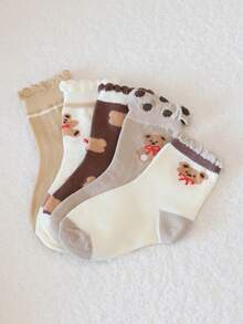 5 Pairs Girls Cartoon Lace Mid-Calf Socks, Spring/Autumn - Multicolor - View 7