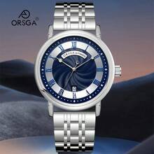 ORSGA Men's Automatic Mechanical Watch With Date, 50M Waterproof Stainless Steel Business Casual Watch - 銀色鋼帶黑面 - 查看 3