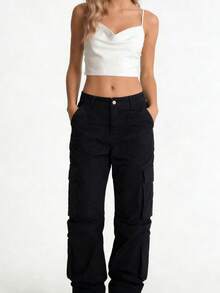 Women's Black High-Waisted Straight Leg Jeans - Casual Y2K Streetwear Denim With Side Pockets, Suitable For Office Commute And Everyday Casual Wear - Black - View 2