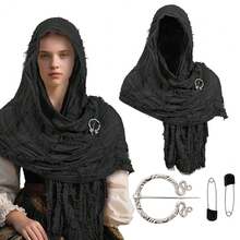Medieval Hooded Shawl Wrap Hooded Scarf Renaissance Cloak Medieval Hood Desert Wasteland Retro Shemagh - màu đen - Xem 3