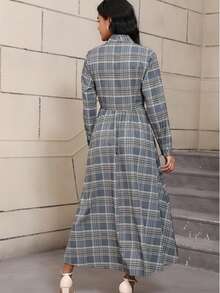Plaid Elegant Formal Party Pocket Belt Button Evening Gown - Multicolor - View 4