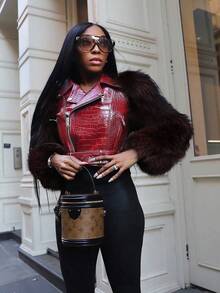 Women's Fashion Faux Fur Crocodile Print Jacket Collar Design Waist Belt Detail Zipper Closure - Red G0772 - View 1