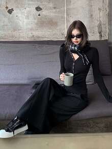 Plaid Patchwork V-Neck Long Sleeve T-Shirt, Slim Fit Layering Top For Women - Black - View 3