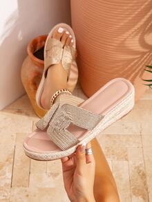 Sandalias de cuña de plataforma gruesa de moda de verano para mujer, diseño simple y versátil - Dorado - Ver 3