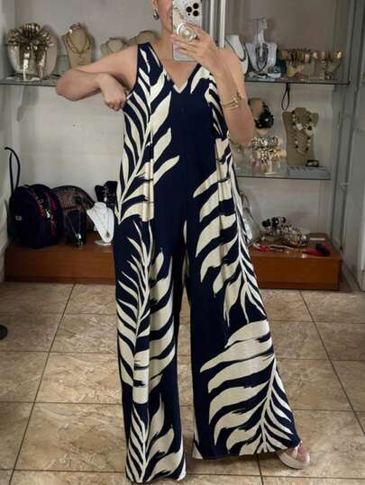 全长树叶印花露背拉链连体裤，适合度假和日常穿着，夏季优雅