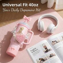 9件套粉色蝴蝶结水杯配件套装，适用于40盎司/30盎司保温杯 - 包括仿珍珠手柄链、硅胶套、吸管套、心形吊坠和防漏塞，水瓶装饰饰品，可爱学院风，送给女性和女孩的礼物 - 彩色 - 查看 6