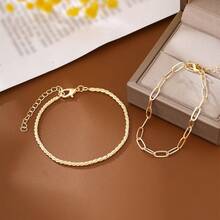 2pcs Minimalist Caterpillar Shiny Chain Bracelet Set For Women - Yellow Gold - View 5