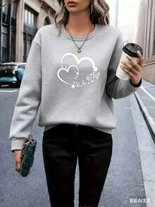 1pcs Women's Light Pink Heart And Butterfly Print Sweater - Soft Pink Long Sleeve Round Neck Pullover, Comfortable Casual Sweater For All Seasons, Suitable For Daily Wear, Valentine's Day Outfit, Machine Washable Loose Fit Sweater, Heart And Butterfly Design, Casual Fit Suitable For Layering, Fashionable And Comfortable Women's Fashion Sweater-Valentine Gift - 灰色 - 查看 3