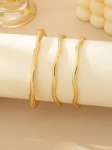 3pcs Minimalist Asymmetrical Geometric Metal Bangle Set - Yellow Gold - View 4