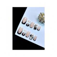 Y2K 24Pcs Set French Style Black & White Tie Dye Polka Dot Press-On Nails, Reusable, With Bowknot, S - Đen và trắng - Xem 2