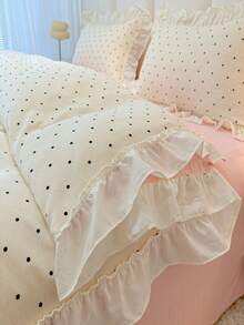 White/Pink Polka Dot Queen Size Bedding Set, 3pcs Cute Pink Bedding Set, 1pc Soft Ruffle Duvet Cover And 2pcs Pillow Shams - White - View 6