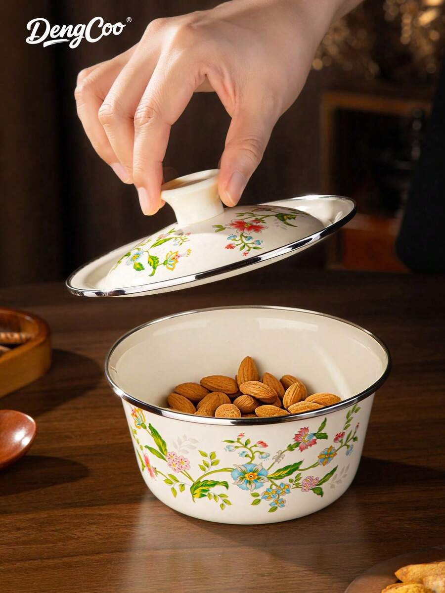Dengcoo 1pc Enamel-Patterned Rice Bowls With LIDS, Soup Bowls, Instant Noodle Bowls, Enamel Bowls, Scratch-Resistant Metal Material, Dishwasher , Essential Kitchenware For Home Cooking And Camping Meals