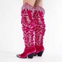 Women's Over-The-Knee Cowboy Boots, Rhinestone Embroidery, Western Style, Wide And Loose Fit, High-Top Boots, Memory Foam Insole, 3-Inch Chunky Heel - 紫紅色 - 查看 7