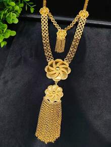 1pc Necklace, 1 Pair Earrings, 1pc Ring Hollow Carved Copper Alloy Jewelry Set, Gold Tassel Long Necklace, Hollow Floral Pattern 4-Piece Jewelry Set, Middle Eastern Dubai European & American Fashion Women Wedding Party Birthday Date Holiday Gift Bridal Accessories Necklace Earrings Ring - Yellow Gold - View 3