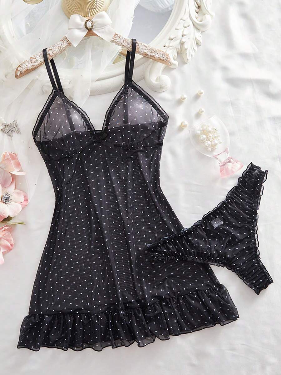 2件套波点睡裙性感女士薄纱网眼内衣吊带裙套装（含内裤）