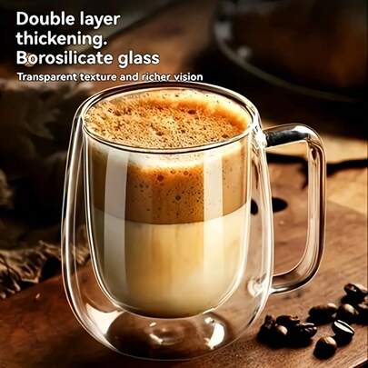 High Borosilicate Glass Double Wall Cup, Transparent Heat-Resistant Water Mug With Handle, Large Capacity, Durable, Anti-Scald, Reusable, Suitable For Coffee, Tea, Milkshake And More, Multipurpose Household, Hand Wash Only