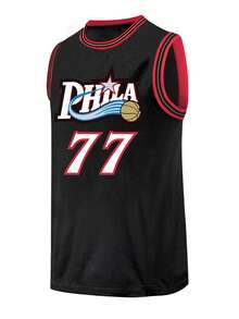 男士篮球服 77 黑色刺绣缝制篮球衫，无袖背心休闲运动衫