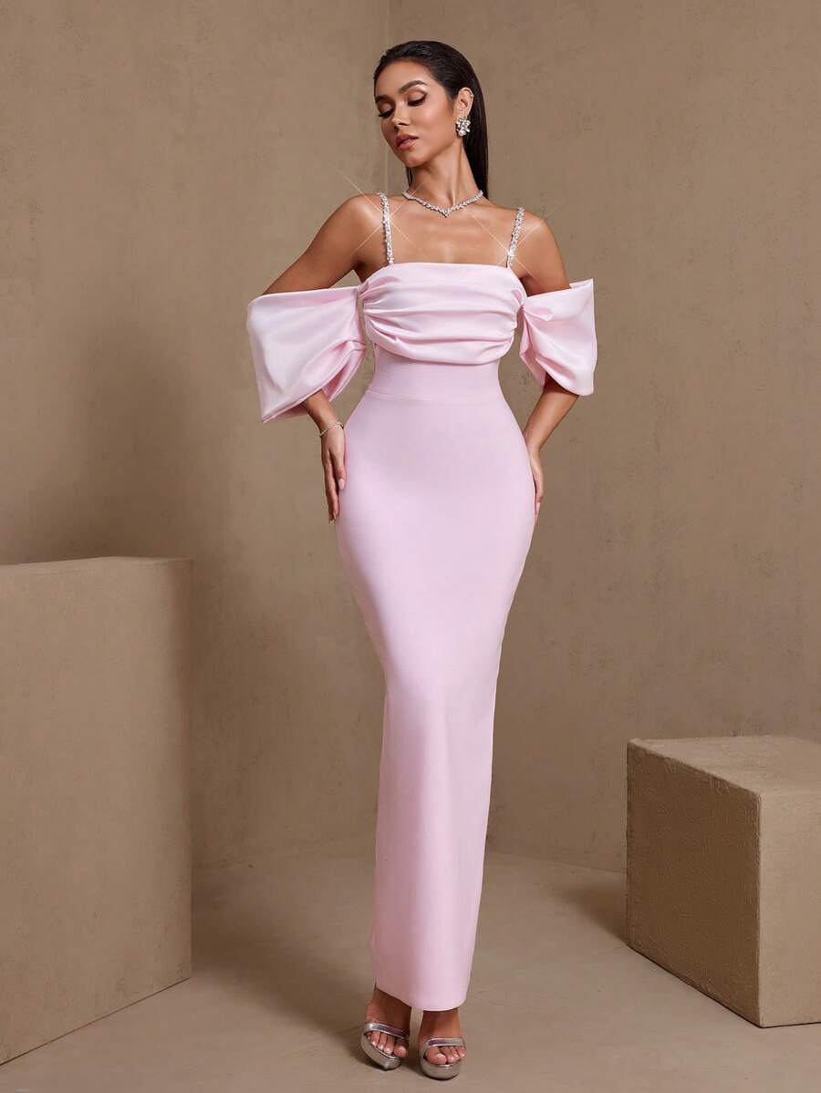 Women's Pink Fitted Maxi Dress, Cold-Shoulder Sleeves, Draped Design, Embellished With Rhinestone Straps, Knit Medium Stretch Fabric, Suitable For Party Wear Wedding Spring - Pink - View 1