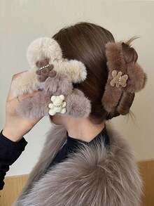 后脑勺发夹，可爱小熊抓夹，可爱发夹，冬季头饰发夹，气质后脑勺发爪，节日装饰头饰，外出必备优雅爪夹度假发饰 - 彩色 - 查看 3