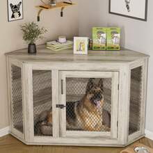 52-Inch Corner Dog Crate Furniture - Wooden Pet Kennel With Mesh, Space-Saving Design For Small/Medium/Large Dogs - Grey (27.6 Inches Long X 52.0 Inches Wide X 29.1 Inches High) - View 1